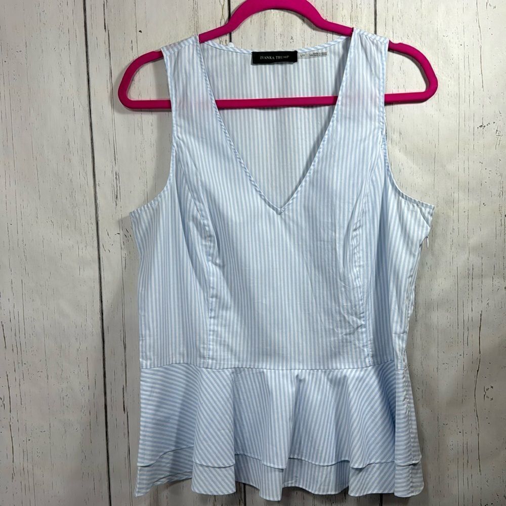 Ivanka Trump Blue White Striped Peplum Top Cotton Sleeveless Preppy Coastal L